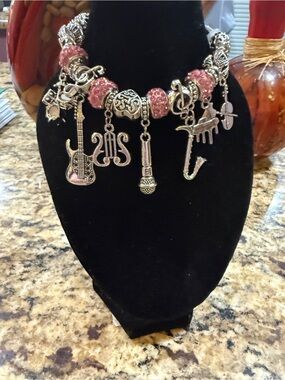 Silver Music-Themed Charm Necklace with Pink Accents